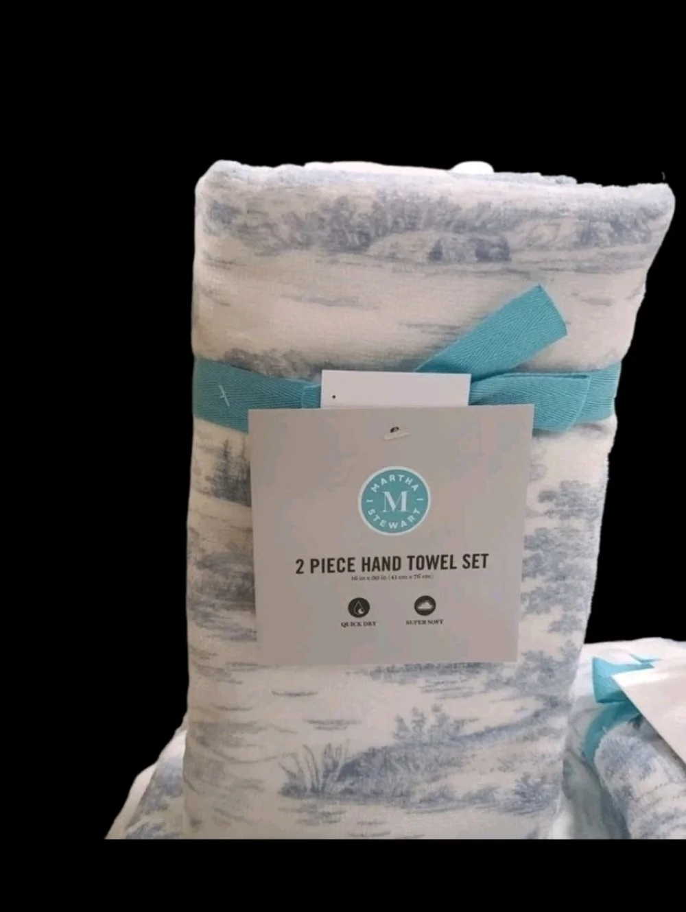 6pc Martha Stewart Blue Toile Velour Bath Hand Tip Towel Set 100% Cotton NEW